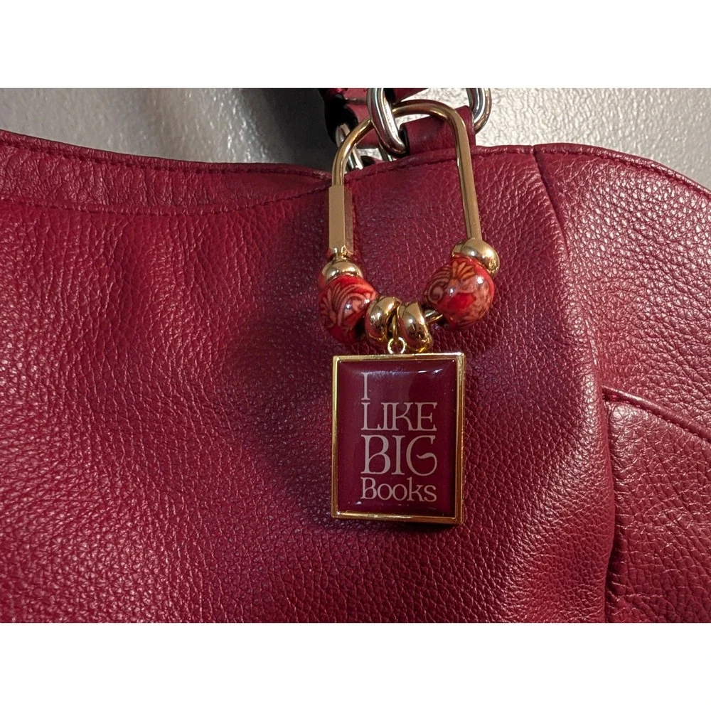 Handmade I Like Big Books Purse Charm‎ Key Ring Gold Burgundy Librarian Gift